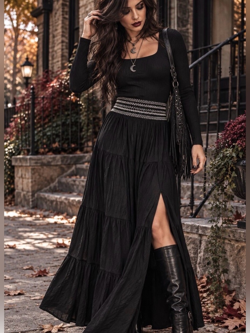 Mi Ami Bohemian Tiered Maxi Skirt with Side Slit - Black, witch, gothic, hippie
